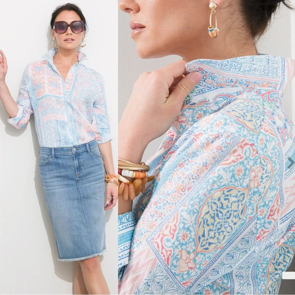 Chico’s No Iron 100% Linen Coastal Tile Button Down Shirt Top Multicolor Boho 18 - Picture 2 of 14